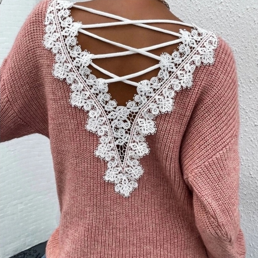 Pink knit sweater with sexy lace up back - Picture 2 of 6